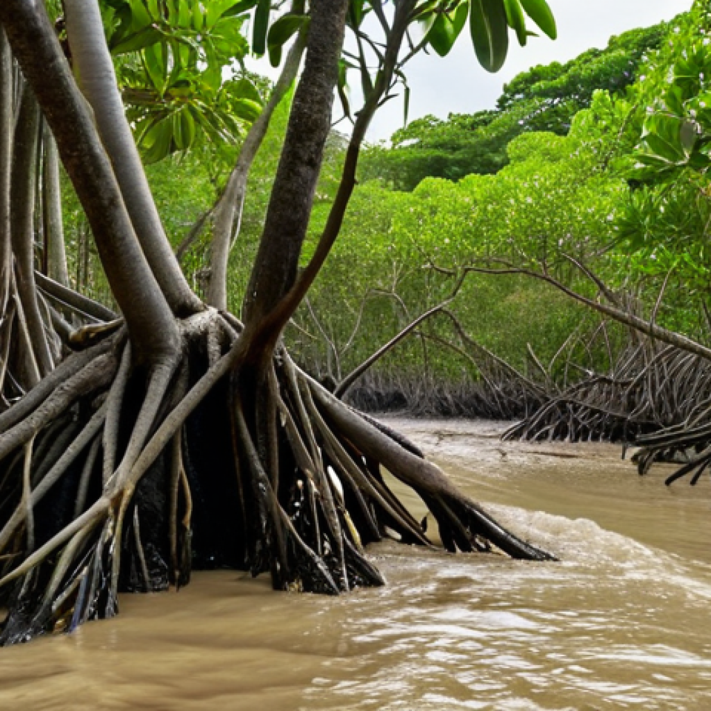 **Mangrove Forests as Natural Barriers**: Create an image depicting a lush mangrove forest along a coastline, showcasing its roots firmly anchoring the soil while waves crash against the trees. Highlight the protective role of mangroves during a storm, emphasizing their strength and beauty.