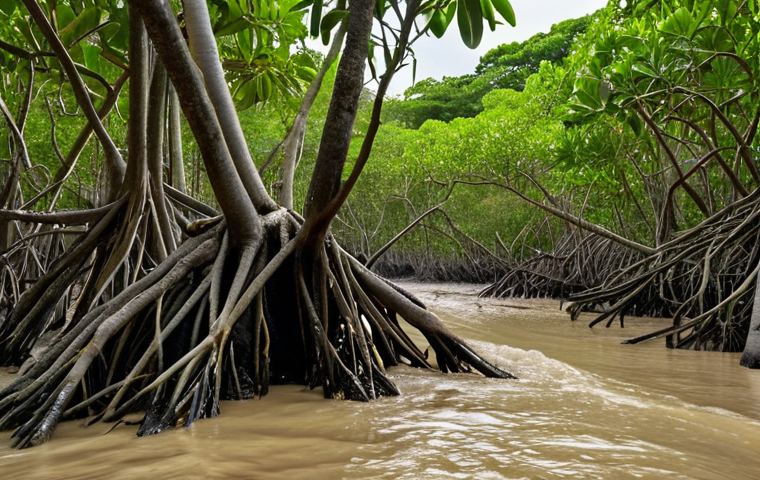 **Mangrove Forests as Natural Barriers**: Create an image depicting a lush mangrove forest along a coastline, showcasing its roots firmly anchoring the soil while waves crash against the trees. Highlight the protective role of mangroves during a storm, emphasizing their strength and beauty.