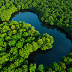 An awe-inspiring high-angle aerial view of a sprawling, healthy mangrove forest captured by satellite. The vibrant green canopy stretches across a complex network of estuarine waterways. Overlaying the natural landscape are subtle, futuristic digital data visualizations: faint, glowing lines indicating water flow patterns, clusters of light representing active biomass, and abstract, algorithmic patterns suggesting AI analysis of ecological health and growth. The scene captures the vast scale and advanced technology of modern environmental monitoring, showcasing the success of conservation efforts. Professional photography, high-resolution, clear details, vibrant colors, realistic rendering, safe for work, appropriate content, fully clothed, professional, modest, family-friendly.