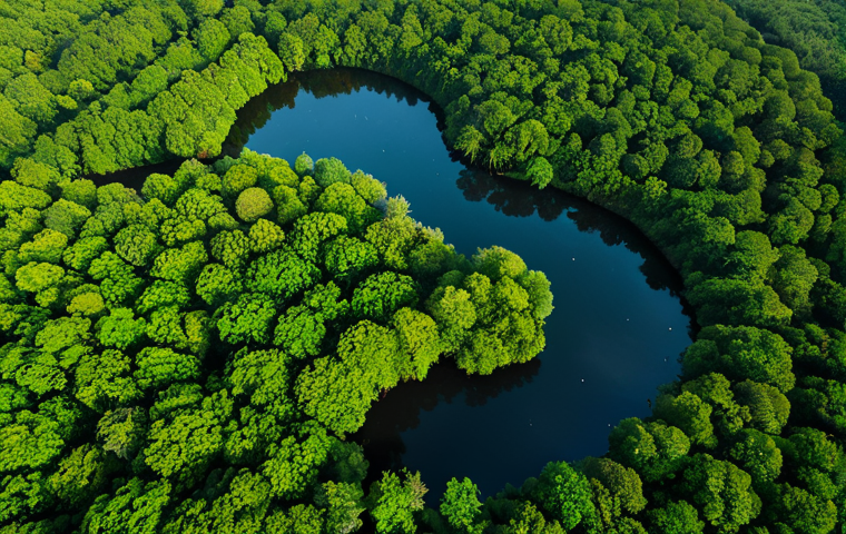 An awe-inspiring high-angle aerial view of a sprawling, healthy mangrove forest captured by satellite. The vibrant green canopy stretches across a complex network of estuarine waterways. Overlaying the natural landscape are subtle, futuristic digital data visualizations: faint, glowing lines indicating water flow patterns, clusters of light representing active biomass, and abstract, algorithmic patterns suggesting AI analysis of ecological health and growth. The scene captures the vast scale and advanced technology of modern environmental monitoring, showcasing the success of conservation efforts. Professional photography, high-resolution, clear details, vibrant colors, realistic rendering, safe for work, appropriate content, fully clothed, professional, modest, family-friendly.