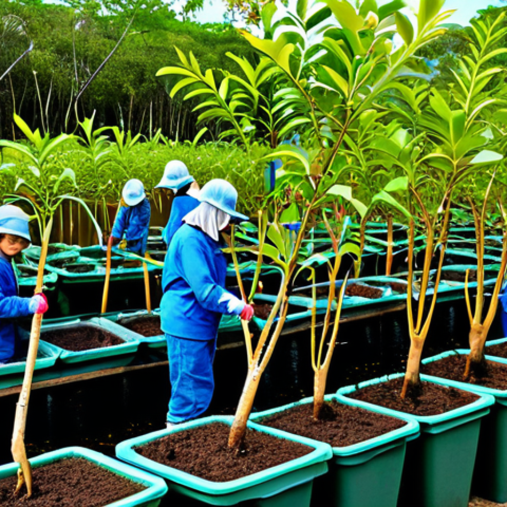 Mangrove Nursery**

"A brightly lit mangrove nursery, overflowing with young saplings in biodegradable pots, cared for by a diverse group of environmental volunteers, fully clothed in appropriate gardening attire, safe for work, educational setting, perfect anatomy, correct proportions, vibrant colors, family-friendly, professional photography, high resolution."

**