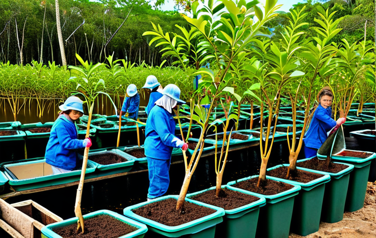 Mangrove Nursery**

"A brightly lit mangrove nursery, overflowing with young saplings in biodegradable pots, cared for by a diverse group of environmental volunteers, fully clothed in appropriate gardening attire, safe for work, educational setting, perfect anatomy, correct proportions, vibrant colors, family-friendly, professional photography, high resolution."

**