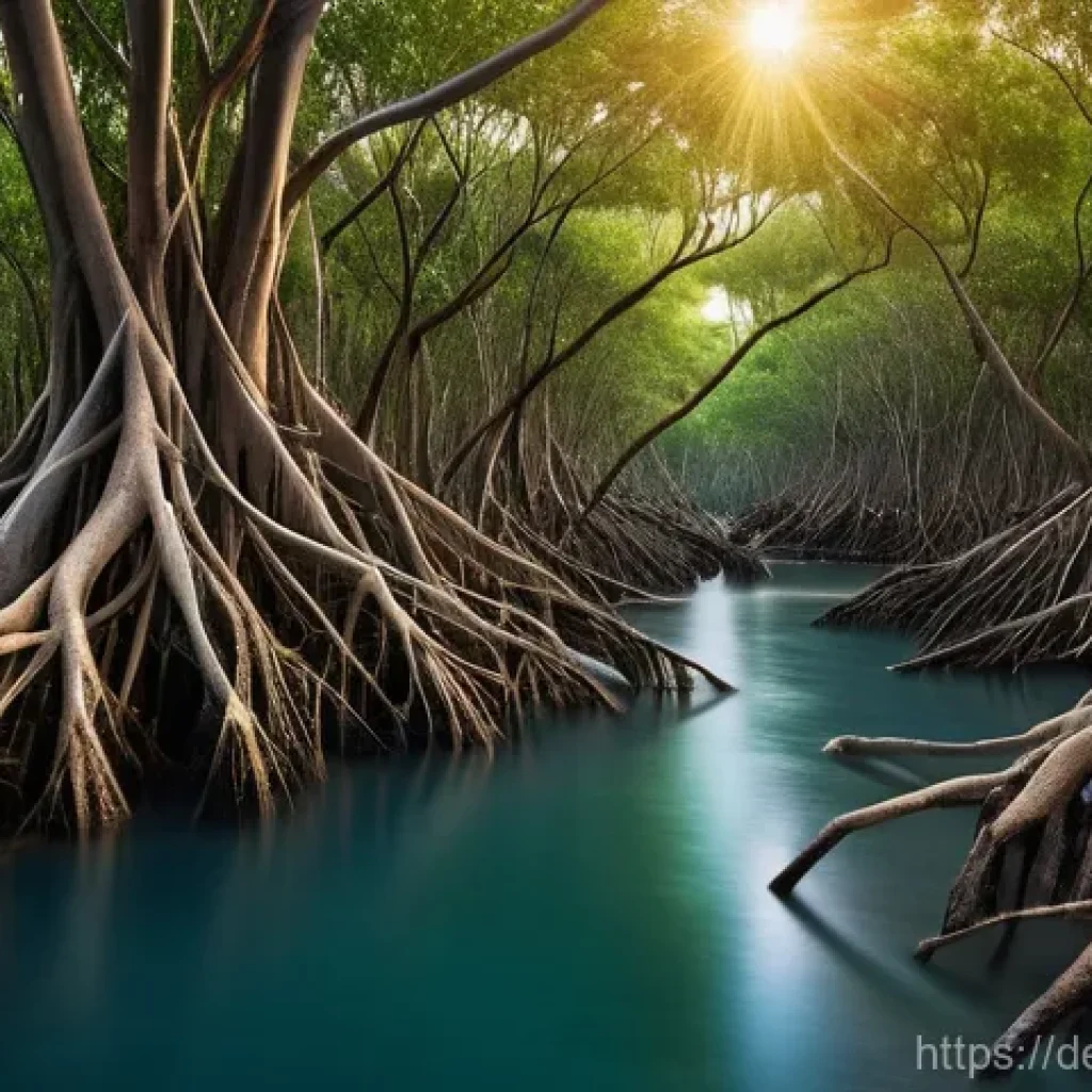 맹그로브 숲과 해양 생물 서식지의 중요성 - **Prompt: "A breathtaking aerial view of a vibrant, dense mangrove forest along a tropical coastline...