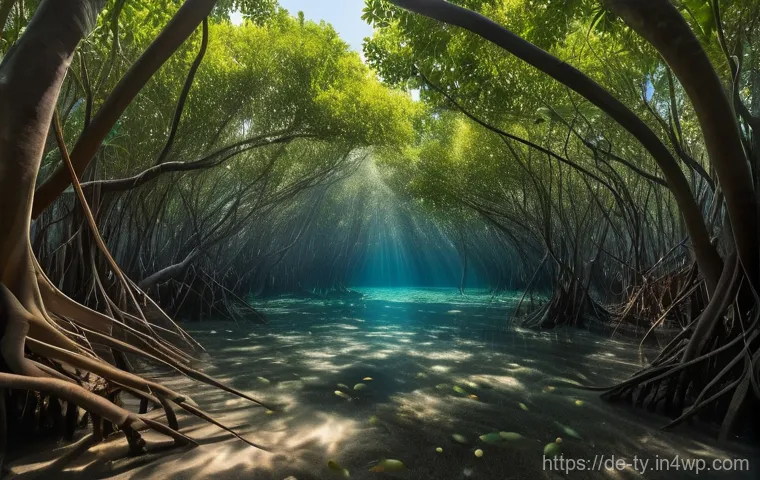 맹그로브 숲과 해양 생물 서식지의 중요성 - **Prompt: "A breathtaking aerial view of a vibrant, dense mangrove forest along a tropical coastline...