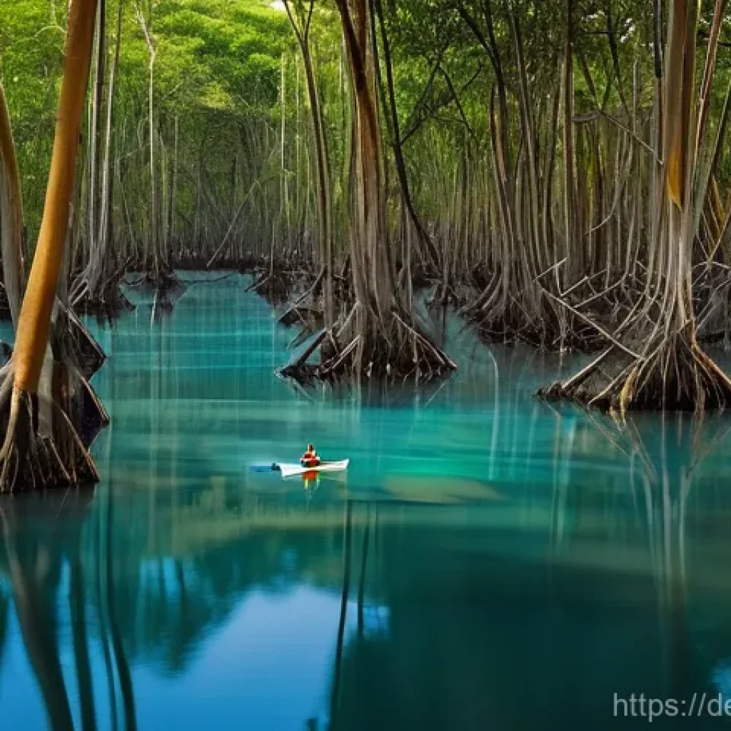 맹그로브 숲과 해양 생물의 서식지 보호 - **Prompt:** "A breathtaking, immersive view into a dense and mysterious mangrove forest at sunset. G...