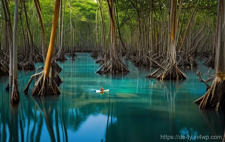 맹그로브 숲과 해양 생물의 서식지 보호 - **Prompt:** "A breathtaking, immersive view into a dense and mysterious mangrove forest at sunset. G...