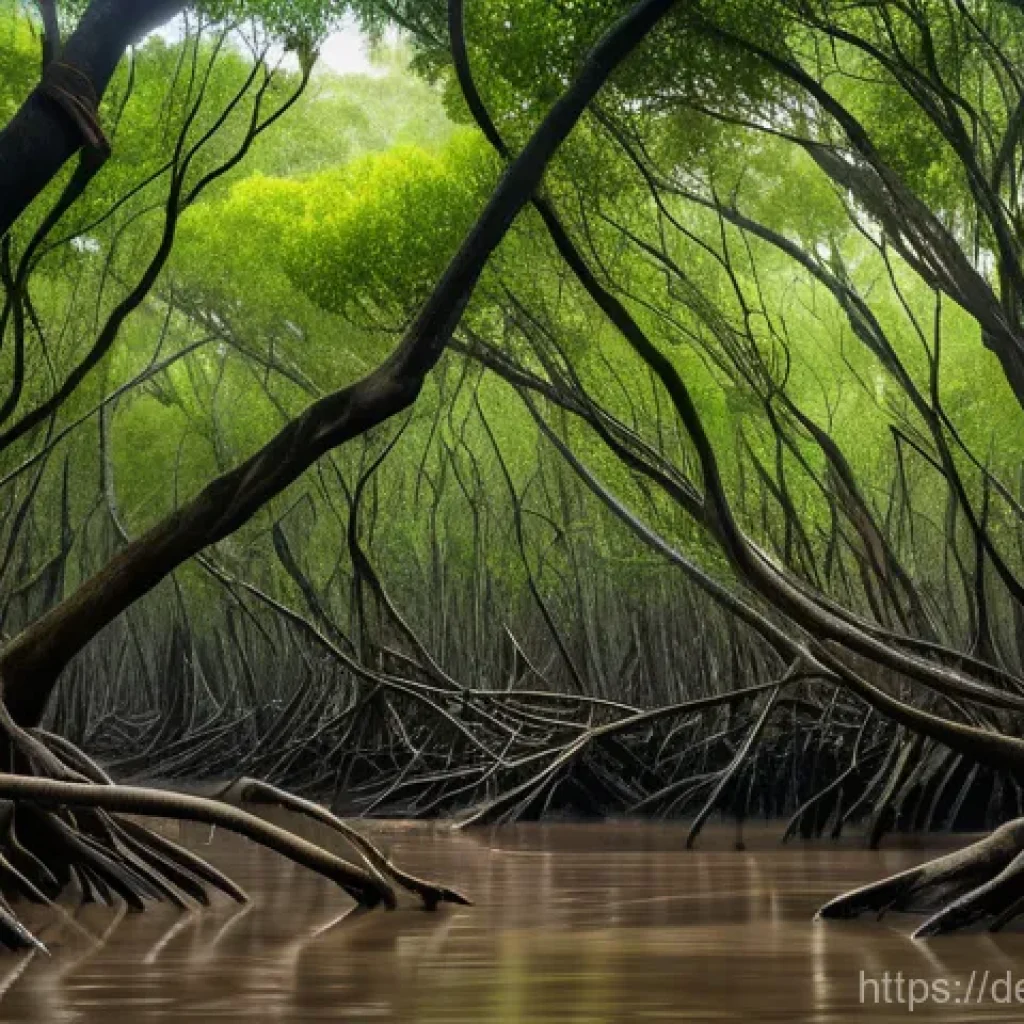 맹그로브 숲의 생태계 서비스와 가치 평가 - **Coastal Resilience: The Green Shield**
    A powerful, wide-angle shot of a dense mangrove forest ...
