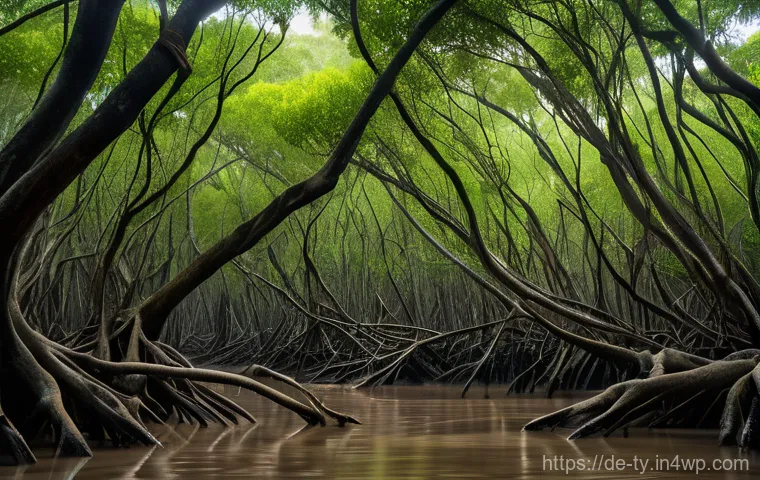 맹그로브 숲의 생태계 서비스와 가치 평가 - **Coastal Resilience: The Green Shield**
    A powerful, wide-angle shot of a dense mangrove forest ...