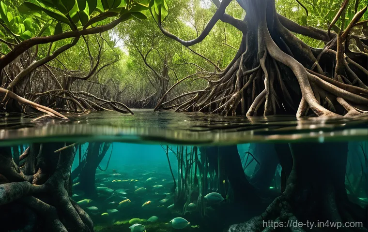 맹그로브 숲의 생태계 서비스와 가치 평가 - **Coastal Resilience: The Green Shield**
    A powerful, wide-angle shot of a dense mangrove forest ...