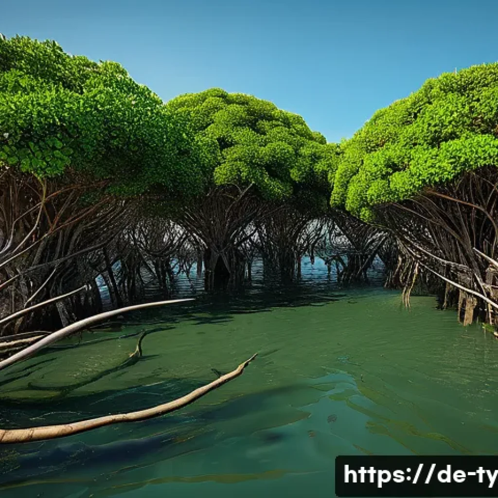 맹그로브 생태계를 위한 연구 및 모니터링 - Here are three detailed image generation prompts in English, inspired by the importance of mangrove ...