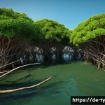 맹그로브 생태계를 위한 연구 및 모니터링 - Here are three detailed image generation prompts in English, inspired by the importance of mangrove ...
