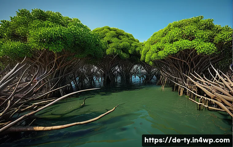 맹그로브 생태계를 위한 연구 및 모니터링 - Here are three detailed image generation prompts in English, inspired by the importance of mangrove ...