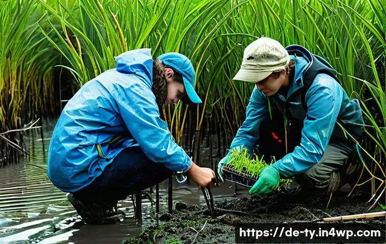 맹그로브 생태계 복원 단계별 가이드 - A detailed coastal mangrove restoration scene in northern Germany featuring diverse mangrove species...