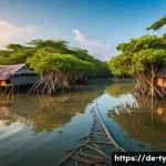 맹그로브 생태계와 생명윤리의 관계 - A vibrant coastal mangrove forest scene in Southeast Asia during golden hour, showing dense tangled ...