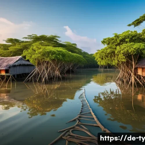 맹그로브 생태계와 생명윤리의 관계 - A vibrant coastal mangrove forest scene in Southeast Asia during golden hour, showing dense tangled ...