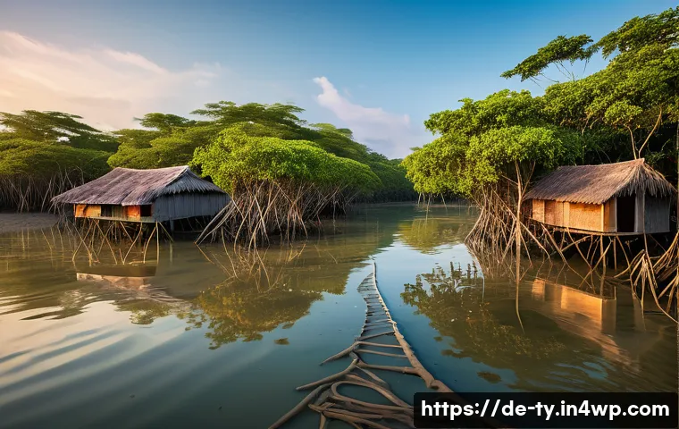 맹그로브 생태계와 생명윤리의 관계 - A vibrant coastal mangrove forest scene in Southeast Asia during golden hour, showing dense tangled ...