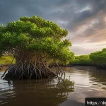 맹그로브 생태계 파괴의 원인과 해결책 - A vibrant mangrove forest ecosystem along the Northern European coastline during golden hour, showca...