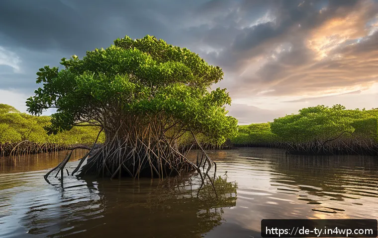 맹그로브 생태계 파괴의 원인과 해결책 - A vibrant mangrove forest ecosystem along the Northern European coastline during golden hour, showca...