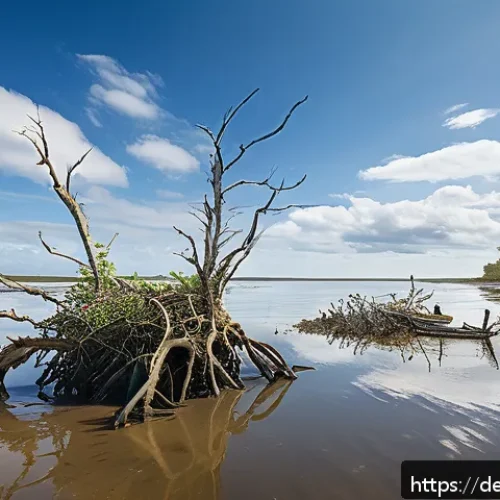 맹그로브 숲의 가치와 경제적 기여 - A detailed coastal landscape in northern Germany featuring dense mangrove forests along a muddy shor...