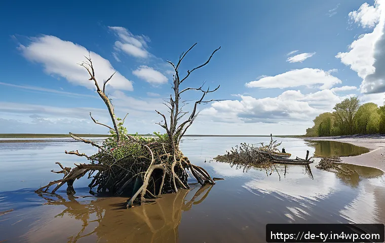 맹그로브 숲의 가치와 경제적 기여 - A detailed coastal landscape in northern Germany featuring dense mangrove forests along a muddy shor...