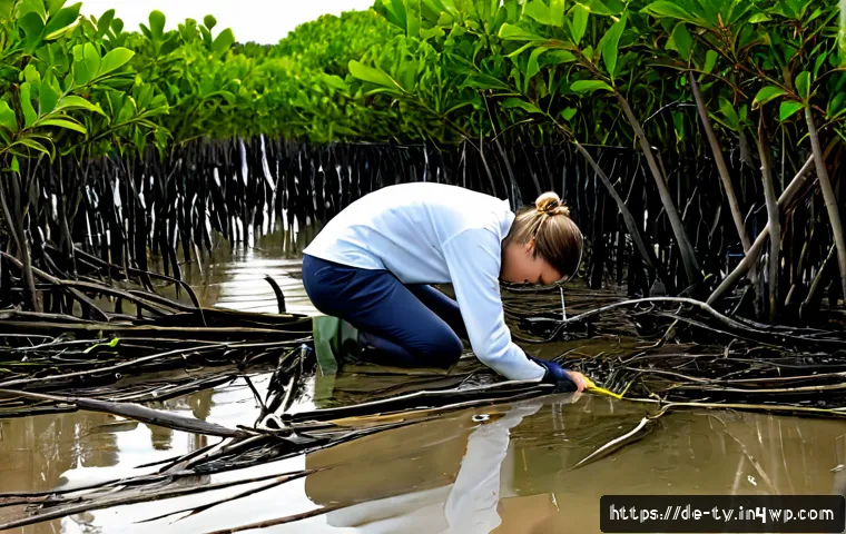 Home 17 맹그로브 숲 복원의 생물학적 기초 - Photorealistic coastal mangrove restoration site in a subtropical European wetland, diverse young ma...