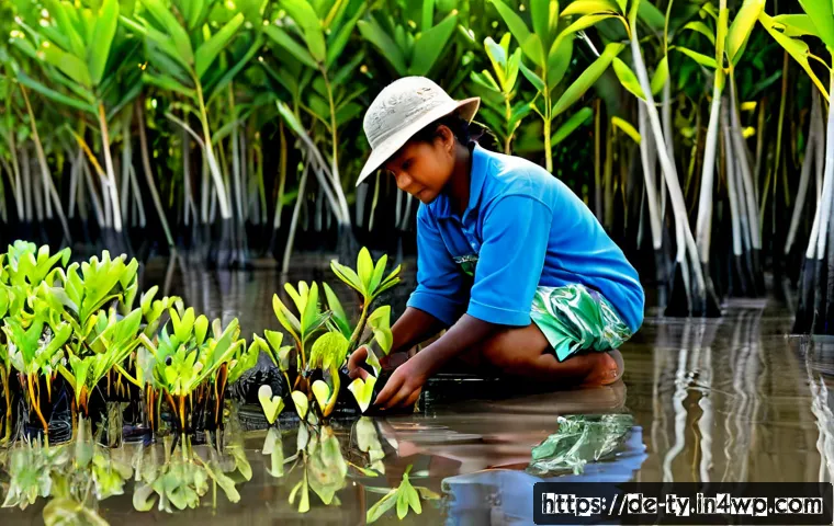 맹그로브 생태계 복원과 주민 참여의 중요성 - Photorealistic coastal mangrove restoration in a tropical wetland, diverse local residents of differ...